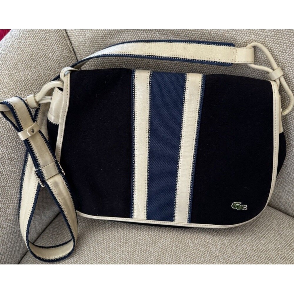 EUC Lacoste Navy Blue White Striped Crossbody Bag Snap/Zip Silver Lined Pockets